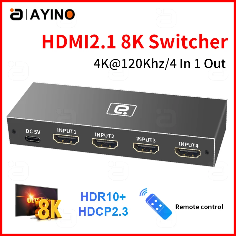 

AYINO HDMI2.1 8K переключатель 4 порта вход 1 выход 4K @ 120 кГц переключатель для ТВ-приставки PS4 HDMI-совместимый сплиттер с дистанционным управлением