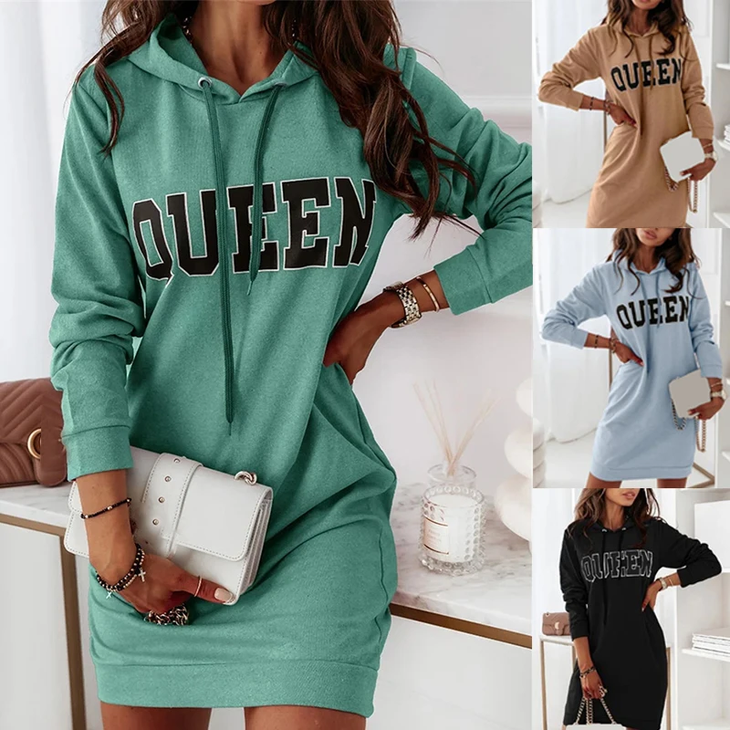 

Autumn Hoodie Dress 2022 Women's Basi Sweatshirts Fashion Sport Leisure Long Sleeve Robe Letter Print Femme Drawstring Tracksuit