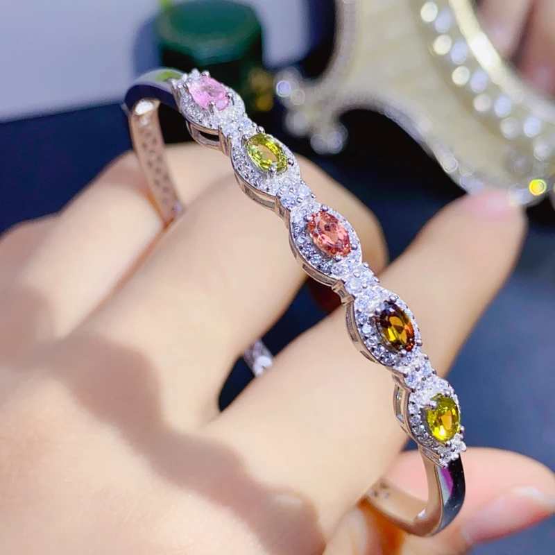 Женский позолоченный браслет с натуральным турмалином серебро 925 пробы