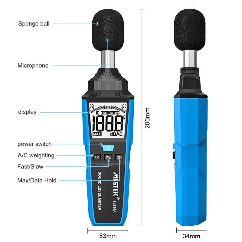 

Brand Portable Sound Level Meter 30~130dB Decibels Noise Audio Measuring Max Value Data Hold A/C Weighting Fast Slow Sonometros