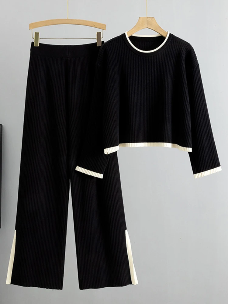 DEAT 2024 Осенний вязаный комплект из 2 предметов с круглым вырезом и длинными