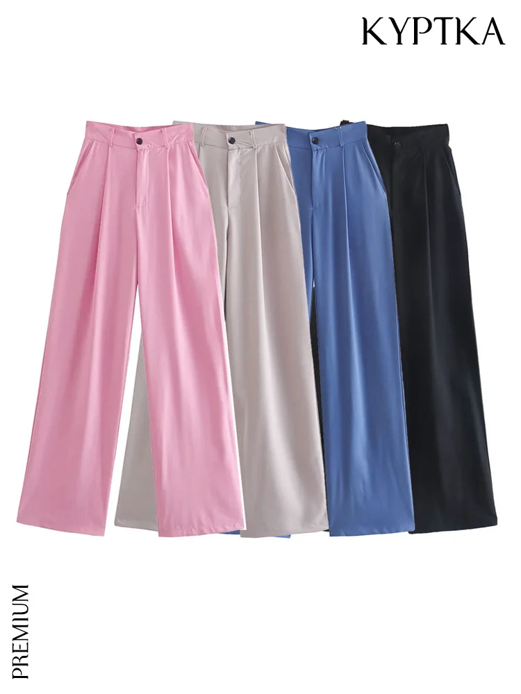 

KYPTKA Women Fashion Front Darts Side Pockets Straight Pants Vintage High Waist Zipper Fly Female Trousers Mujer
