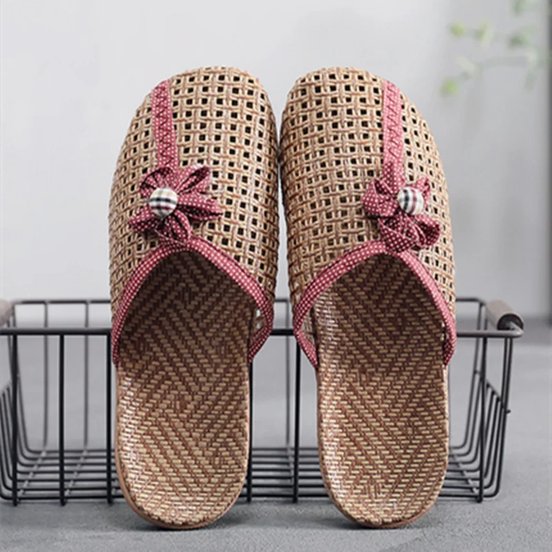 

Lady Rattan Grass Slippers Round Toe Breathable Hollow Tacons Indoor Hemp EVA Shoes For Wide Fits Flower Flat Slides 34-40 25cm