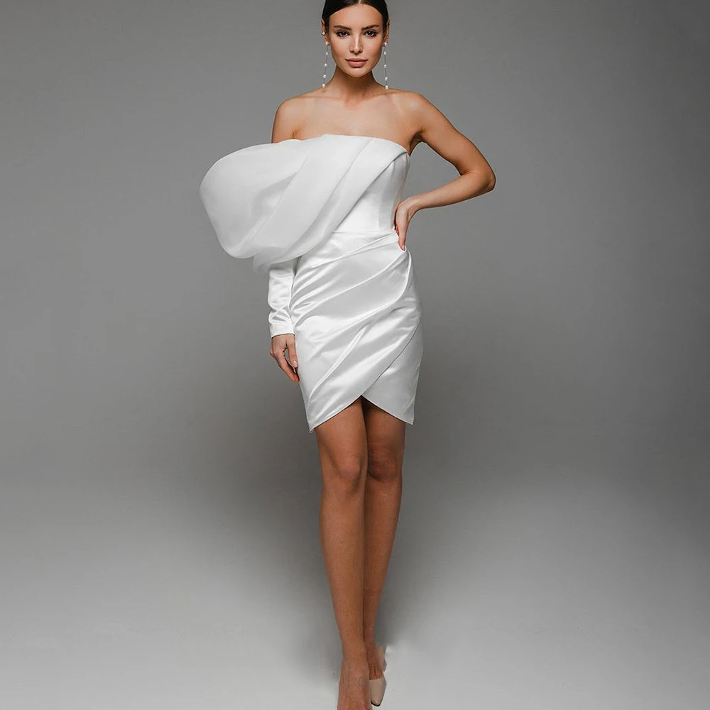 

Simple Wedding Dress Boat Neck One Shoulder Full Sleeves Bride Gowns For Women Modern Above Knee Satin Sheath Vestido De Noiva
