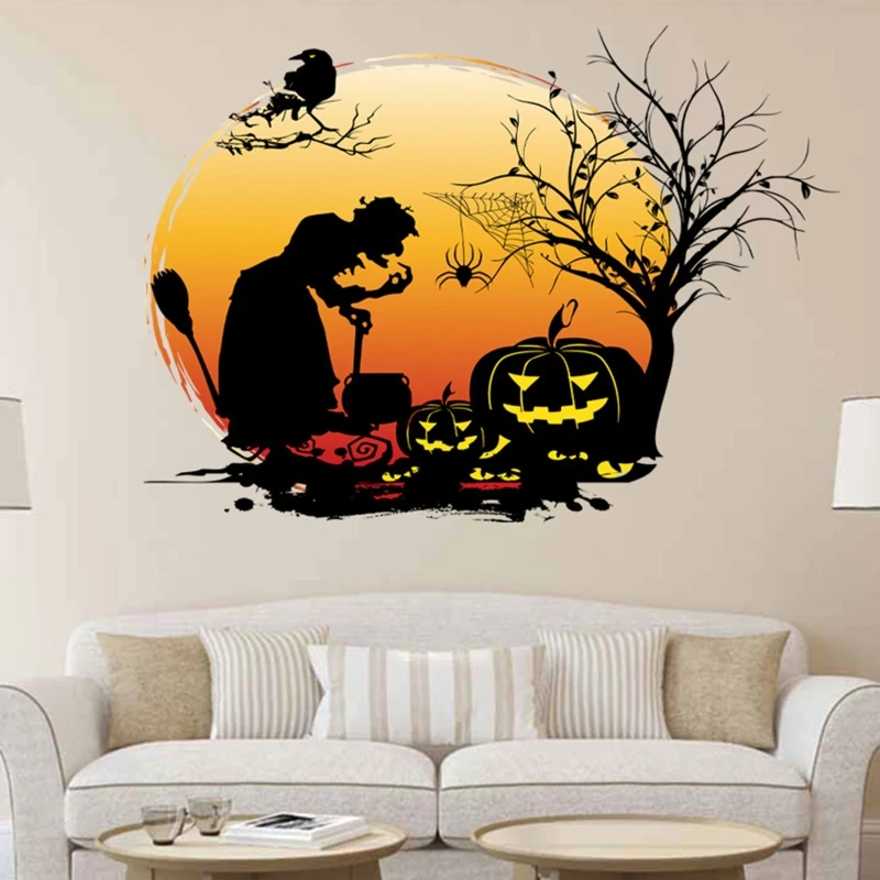 

M17D Pumpkin & Witch Silhouette Window Decal Halloweeall Stickers for Indoor Party Decoration for Kids Room Easy to Install