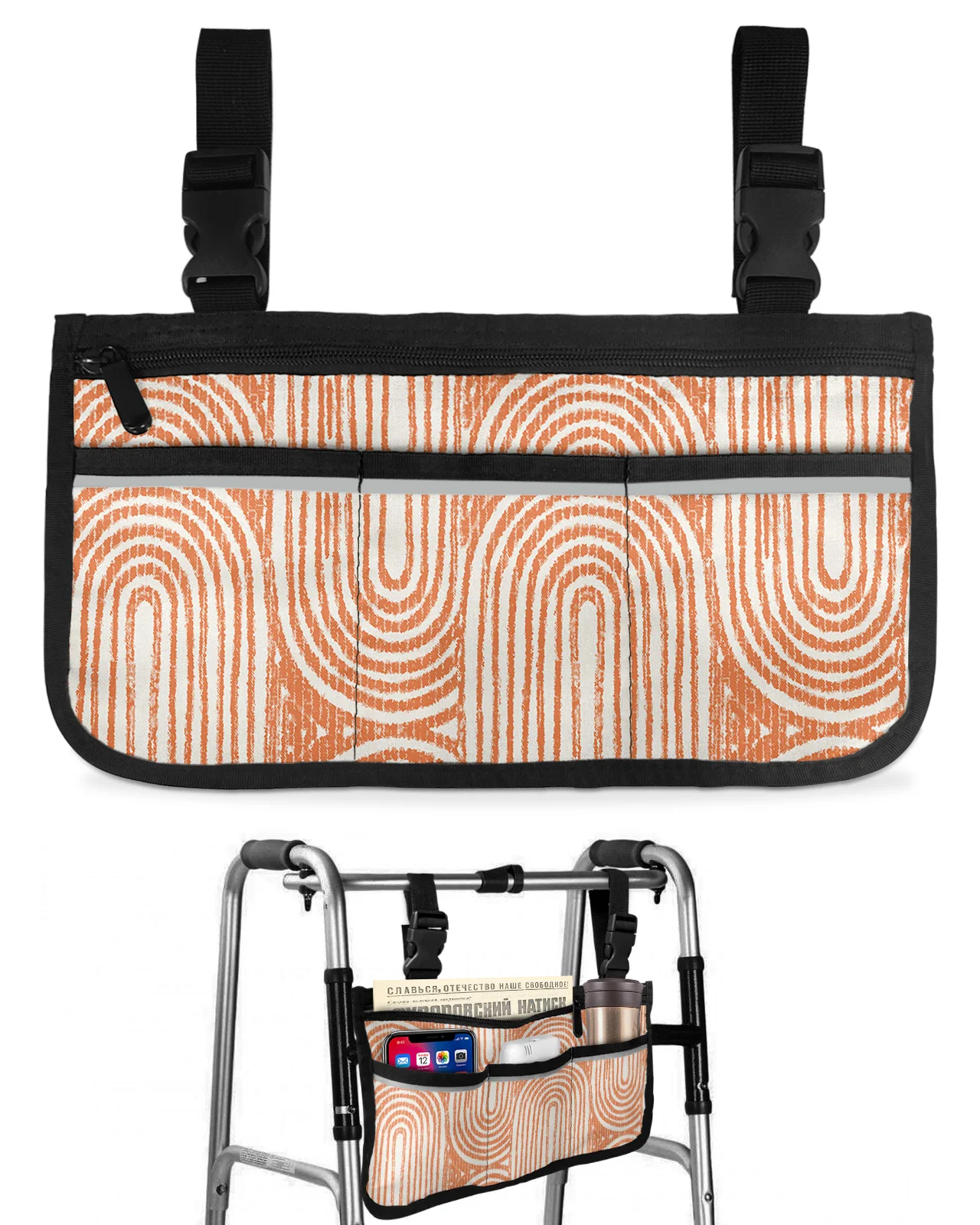 

Medieval Abstract Geometric Texture Nordic Orange Wheelchair Bag Armrest Side Bags Electric Scooter Walking Frame Storage Pouch