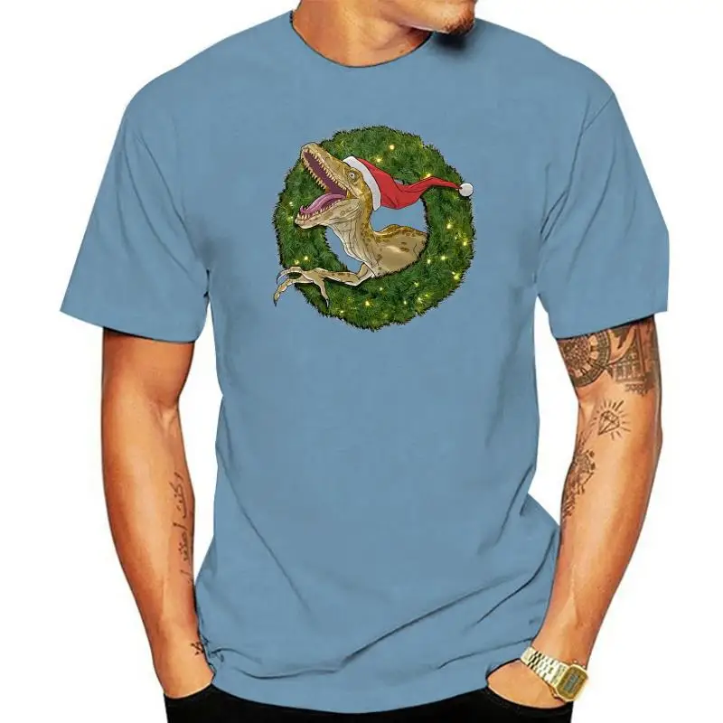 

Newest Men T Shirts Velociraptor & Christmas Wreath Tops Tees T-rex Merry Christmas Novelty Dinosaur Tshirt 100% Cotton T-shirts