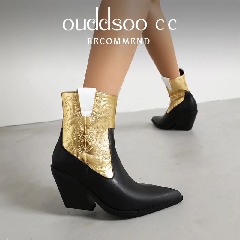 

ODS Autumn Winter Women Ankle Boots Embroidery Cowboy Cowgirls Western Heeled Boots Metallic Leather Pointy Toe Botas De Mujer