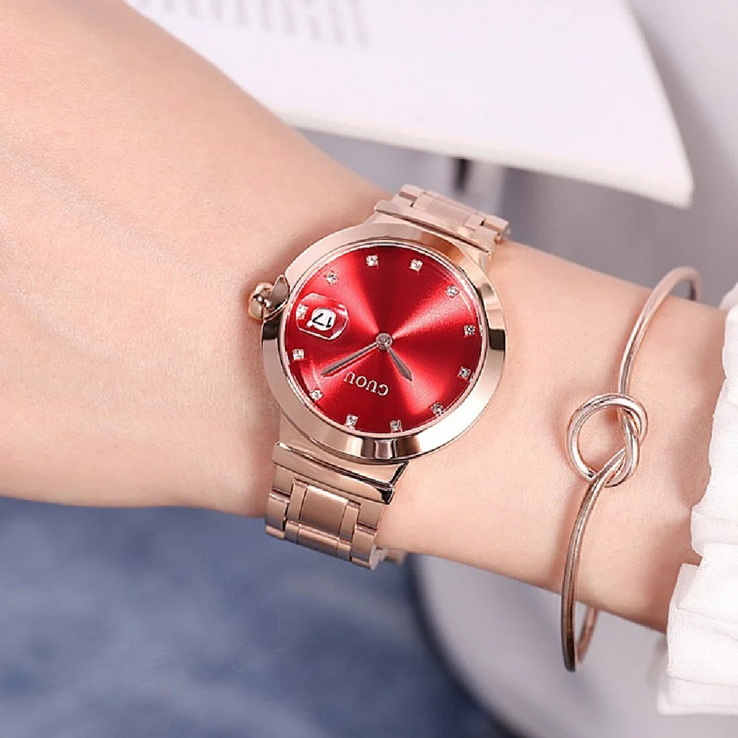 Fashion Guou Top Brand Women Full Stainless Steel Quartz Watches Higher Cost Quality Watch Female Calendar Wristwatches Girls