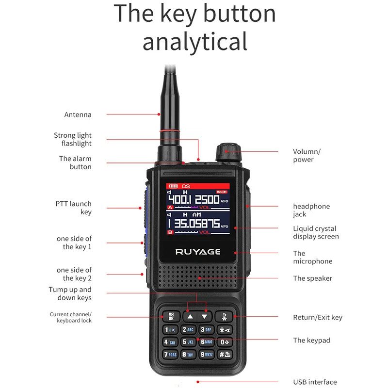 Ruyage UV1D 5W 6 Bands Amateur Ham Two Way Radio Station 256CH Air Band Walkie Talkie NOAA LCD Color Police Scanner Aviation