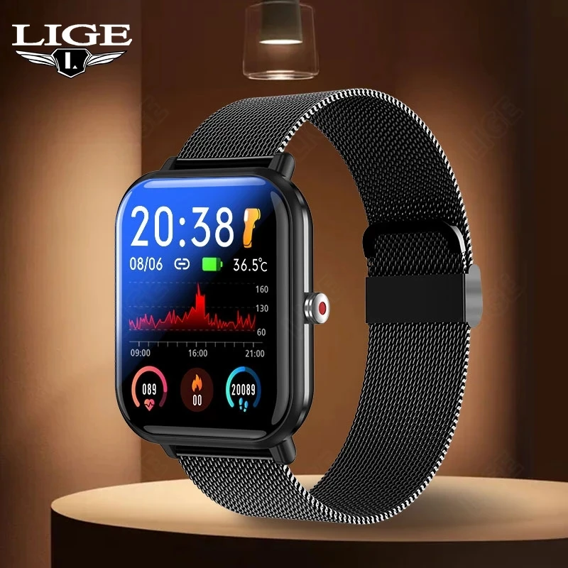 

LIGE Smartwatch Bluetooth Call IP68 Waterproof Sports Watch Men Body Temperature Detection Smart Watch Men For IOS Android Clock