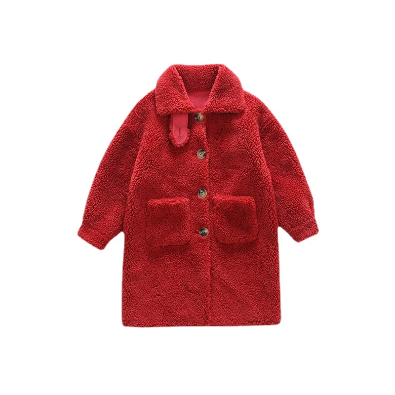 

Teen Girls Cotton Wool Blends Coats Winter Thicken Rose Red Pink 3 Color Mid-Long Fleece Turn Down Collar Jackets for Kids 4-13Y