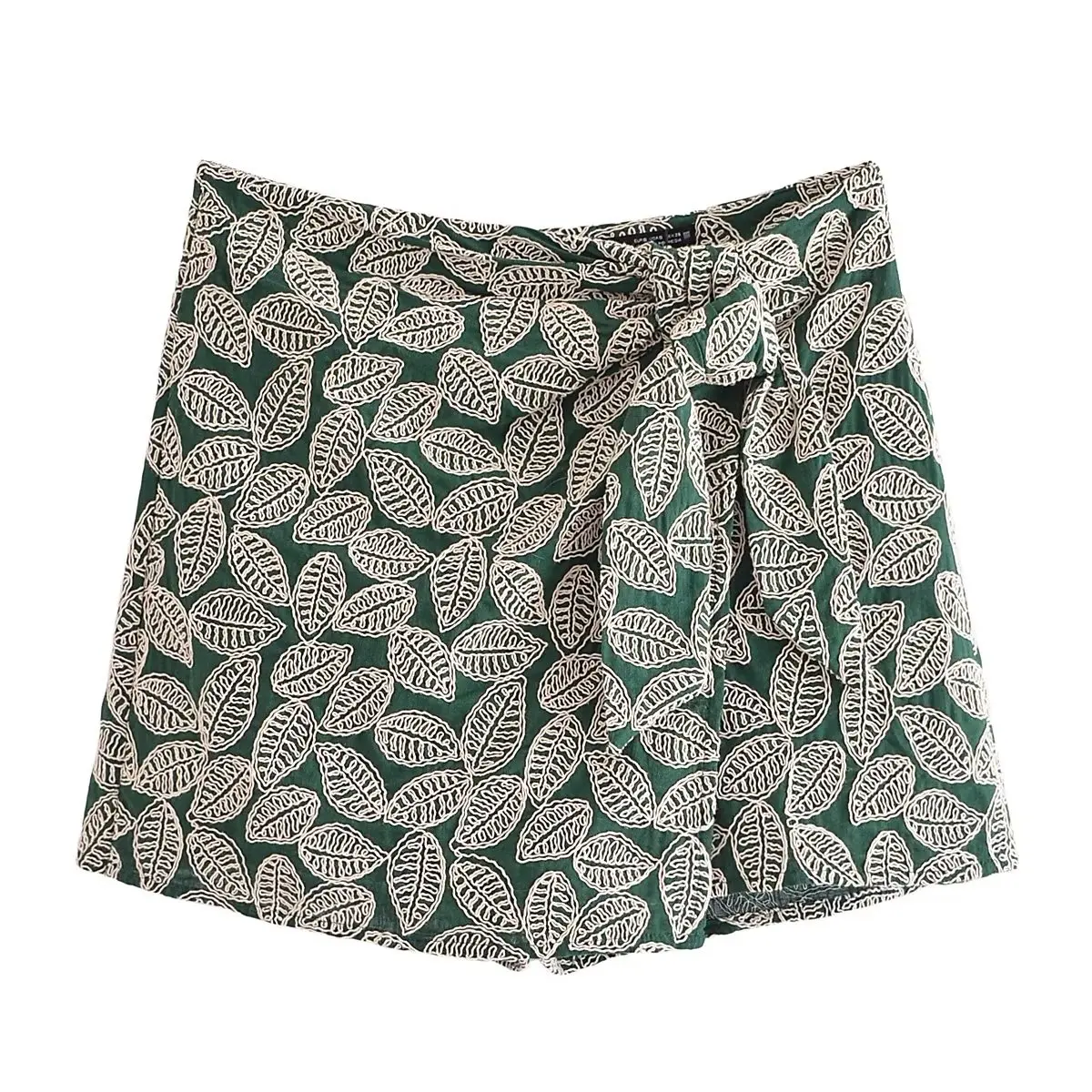 Elmsk  French Country Style Green Leaf Embroidery Casual High Waist Bermuda Fashion Summer Shorts Culottes Women