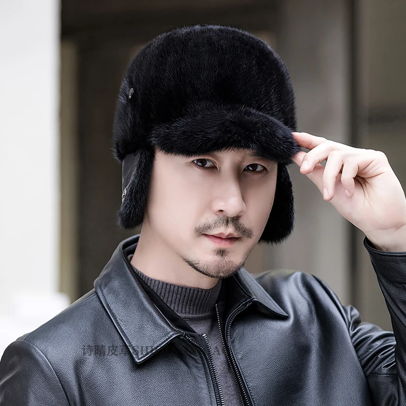 Men's Real Mink Fur Hat Winter Warm Peaked Cap Leather Earmuffs Hat Hunting Travel Ski