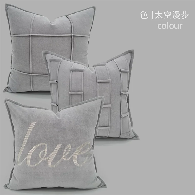 

grey/light grey color suede cushion cover embroidered pillowcase short plush pillow cover backrest