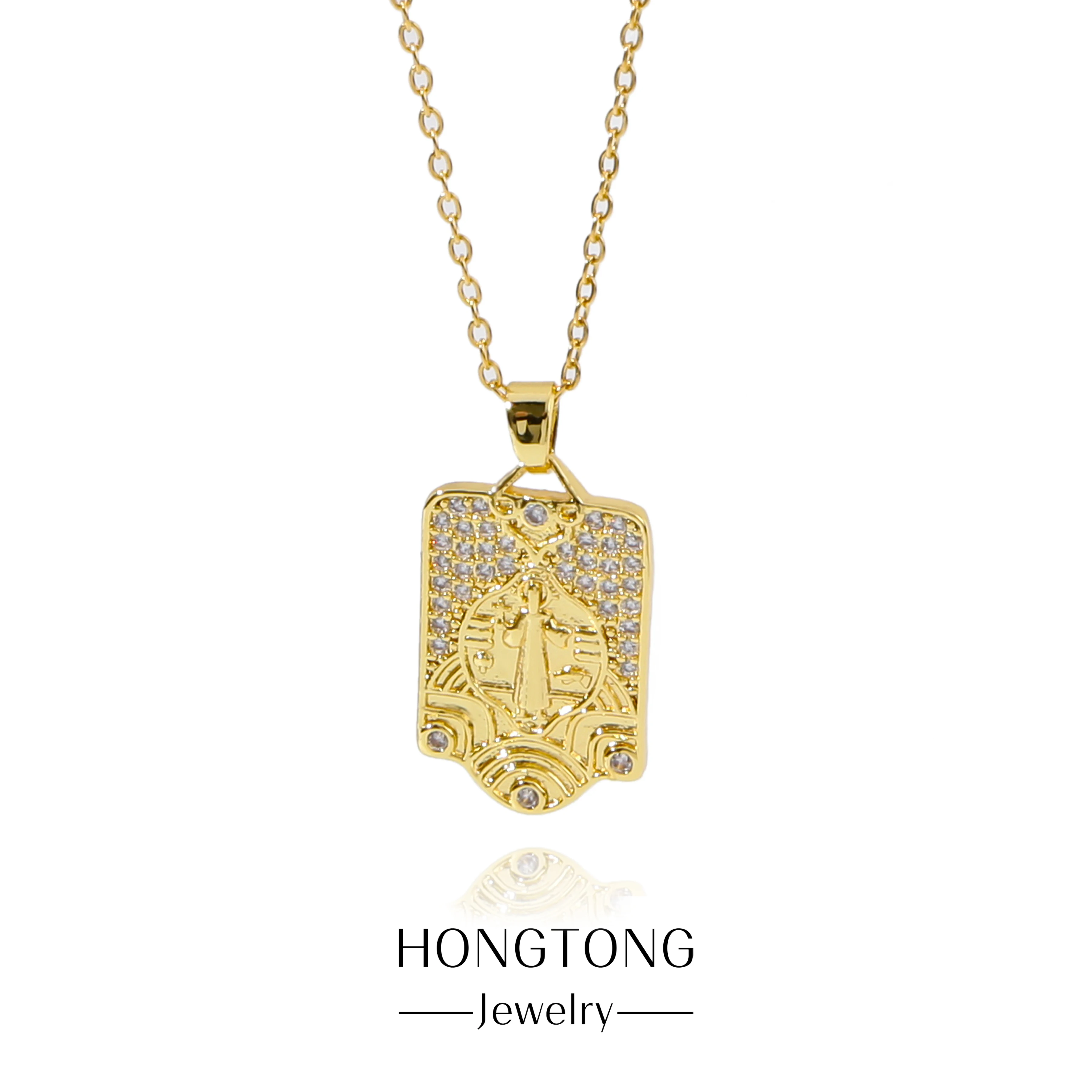 

HONGTONG Irregular Square Virgin Mary Statue Pendant Monochrome Zircon Inlaid Stainless Steel Necklace Religious Accessories