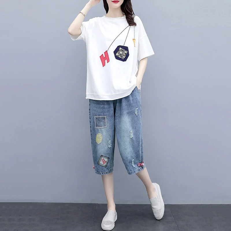 

One /2 Pcs Women Summer O-neck Fashion Short Sleeve Tops + Hole Jeans Pants Two Piece Set Women's Casual Loose Plus Size Suits