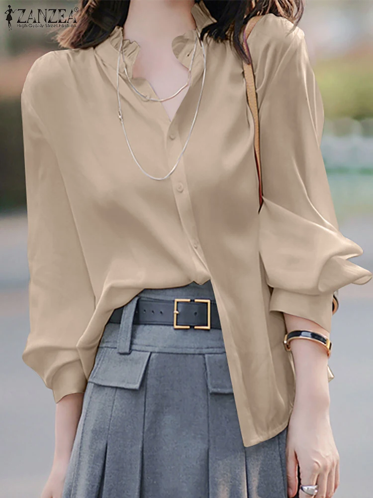 

Элегантная однотонная Рабочая блузка ZANZEA с оборками, осень 2022, Офисная рубашка, женские повседневные свободные блузы, женские офисные Топы ...