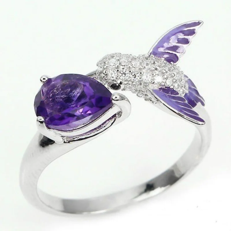 New inlaid purple water drop zircon ring, e-commerce European and American bird adjustment fashion girl ring