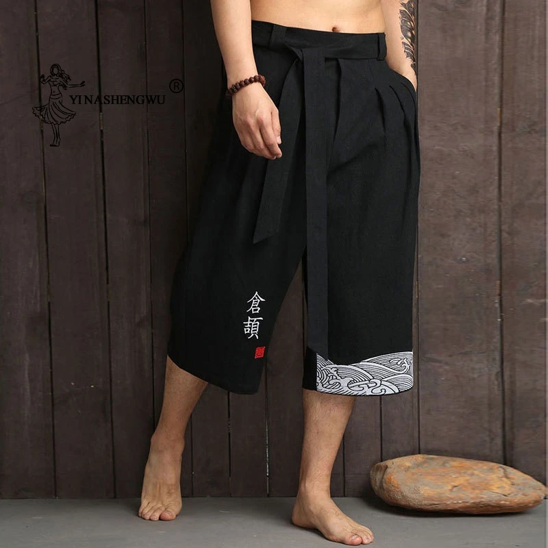 

Мужские брюки, азиатская одежда, брюки для ванной, повседневные свободные мужские брюки в японском стиле, юката, льняные укороченные брюки