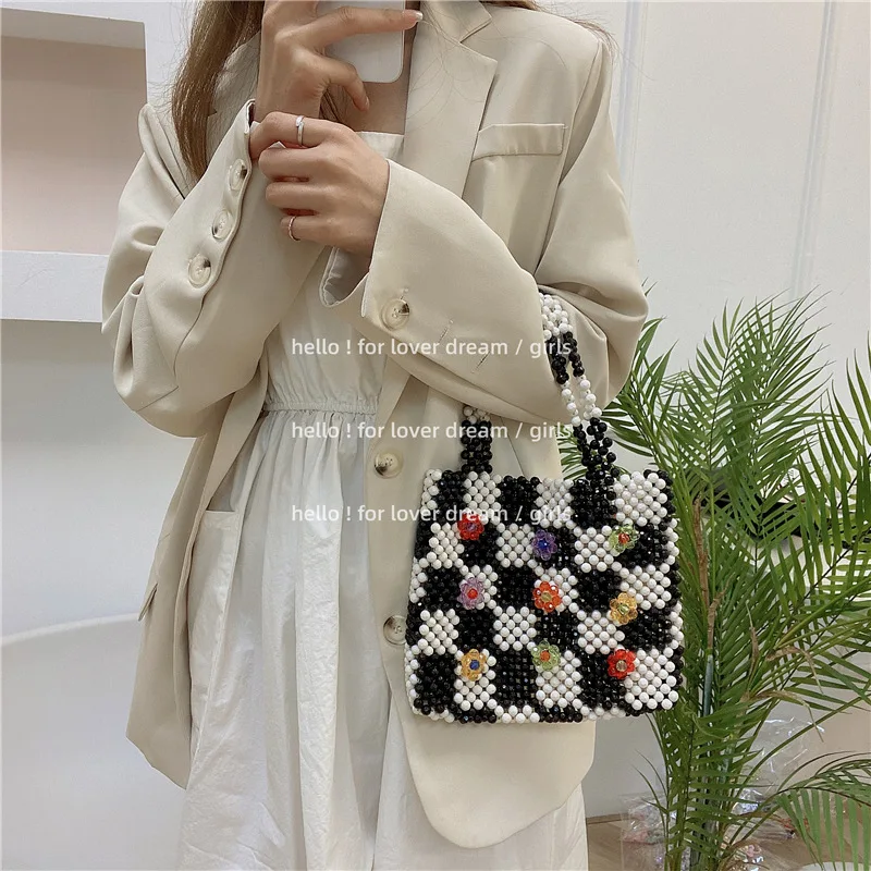 

Checkerboard Beaded Handbag Fashion Sweet Cool Style Colorful Flower Design Shopping Summer Outdoor Bags for Women 2022 HandMade