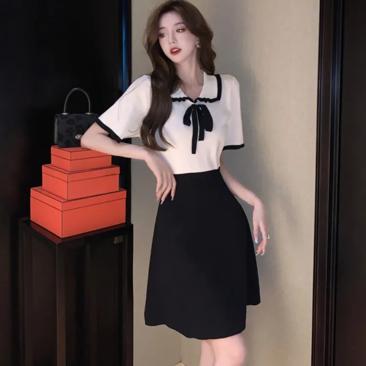 

Женское трикотажное платье с бантом, элегантное праздвечерние чное платье с V-образным вырезом, повседневные платья-трапеции популярных цв...