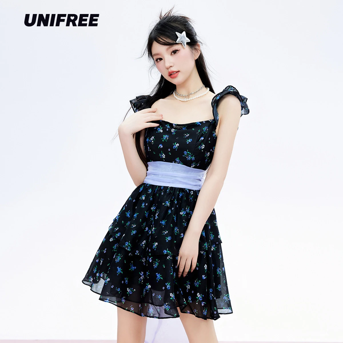 

UNIFREE Broken Flower Black Dress High Waist Hotsweet Princess Womens Dresses Personality Bow Mini Summer Dresses for Women 2023