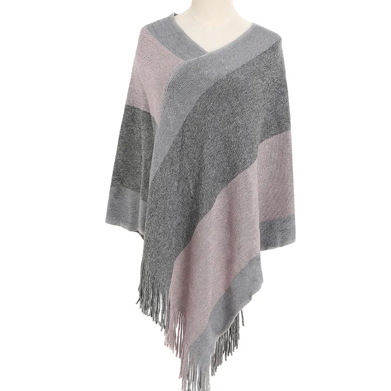 

2022 New Autumn Winter Warm Cape Color Silk Thread Over Cape knitted Cape Tassel Cape Lady Stripe Ponchos P6