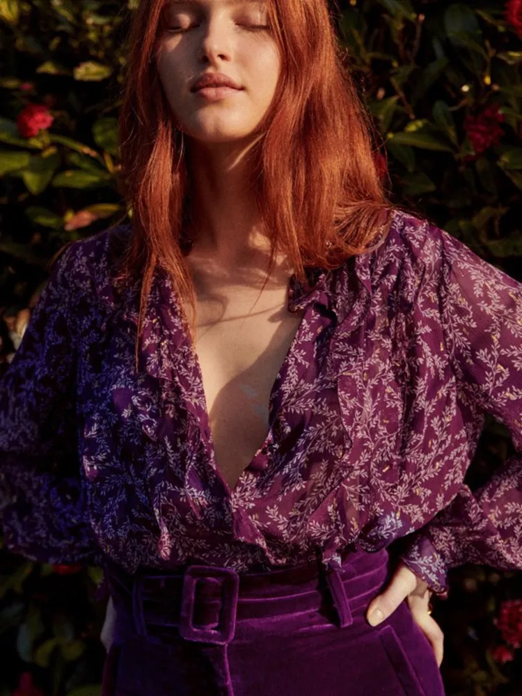 

Женская винтажная блузка с цветочным принтом, однобортная рубашка с круглым вырезом и длинным рукавом, новинка весны 2023