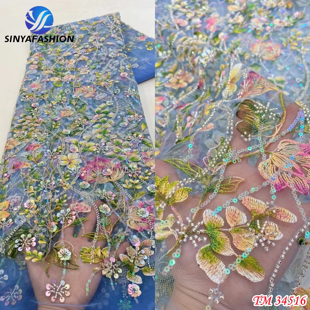 

Tim 5 Yards High Quality African French Sequence Nigerian Wedding Bridal Embroidery Luxury Sequins Beaded Lace Fabric For Dress