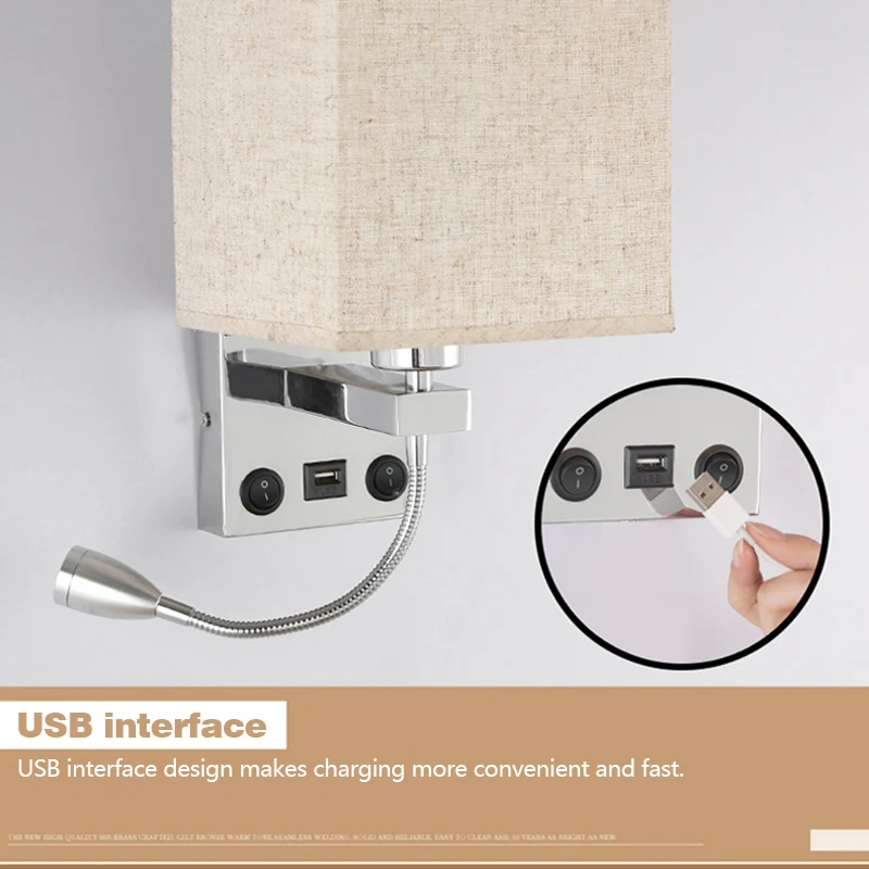 Современные светодиодные настенные светильники с выключателем USB-светильники для чтения Ткань Искусство Ретро Домашнее освещение Кабинет Спальня Отель Прикроватный настенный светильник (art.: 3920c8bb026ec) - 3920c8bb026ec