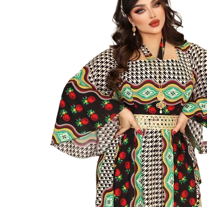 

Muslim Middle East Printed Kraftan Robes Vintage Flare Sleeves Halter Elegant Women Dubai Abaya Party Dresses