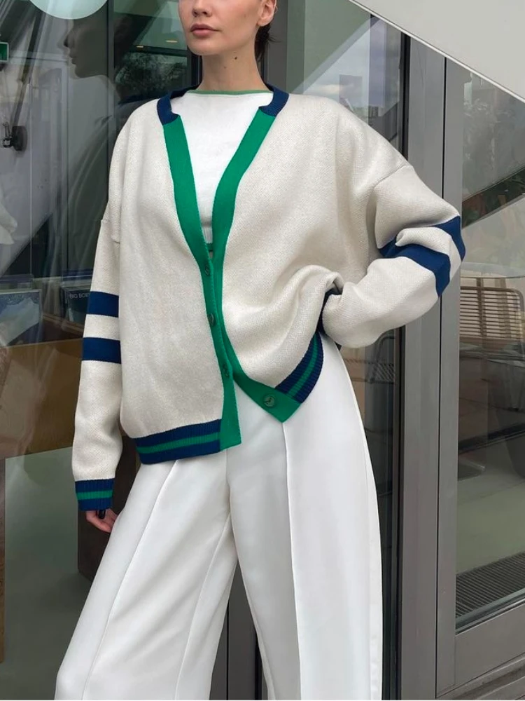 

Модный женский кардиган, Свободный Повседневный вязаный кардиган в контрастную полоску, простой свитер с V-образным вырезом и длинным рукав...