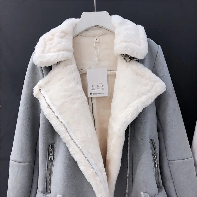 Deerskin Velvet Jackets Women Winter Thick Warm Faux PU Deerskin Velvet Coat 2023 Office Lady Casual Oversized Motorcycle Coat