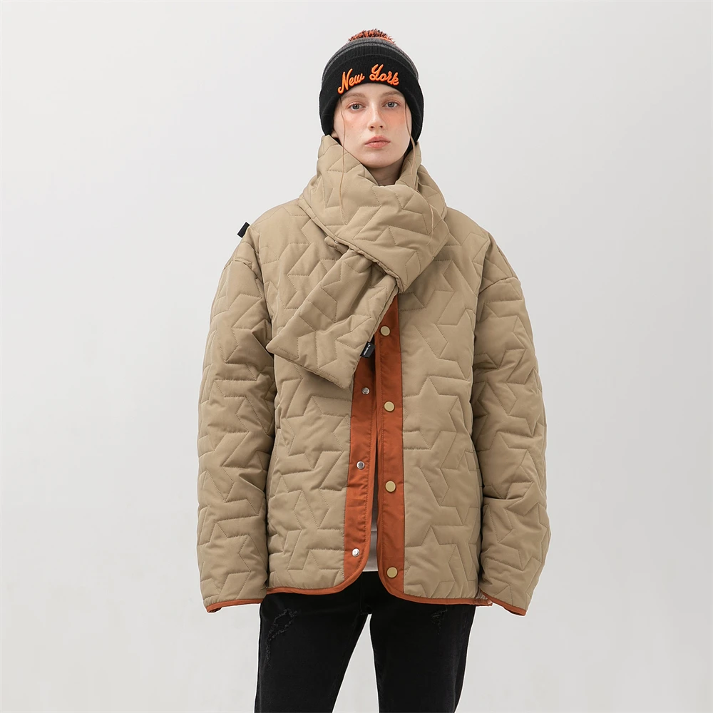 Autumn Winter Warm Cotton Jacket With Scarf Removable Women Clothes Lattice Fashion Street Coats Hip Hop Trend Cotton Jackets