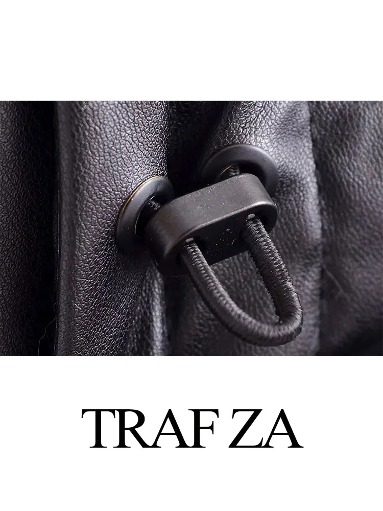 TRAF ZA Winter Women's Clothing Pu Faux Leather Hooded Cotton Coats Zipper Pocket Jacket Solid Vintage Warm Female Outerwear