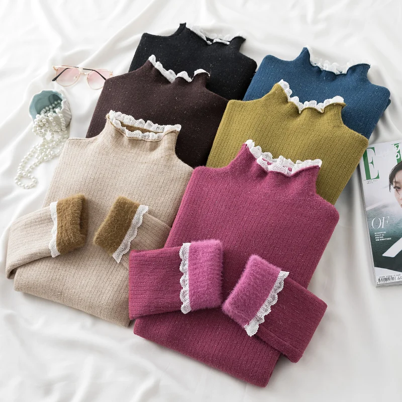 

Ribbed Basic Korean Thicken Plus Velvet Jumpers Knitted Sweater Pullover Women's Mock Neck Lace Long Sleeve Sueter Mujer Tops