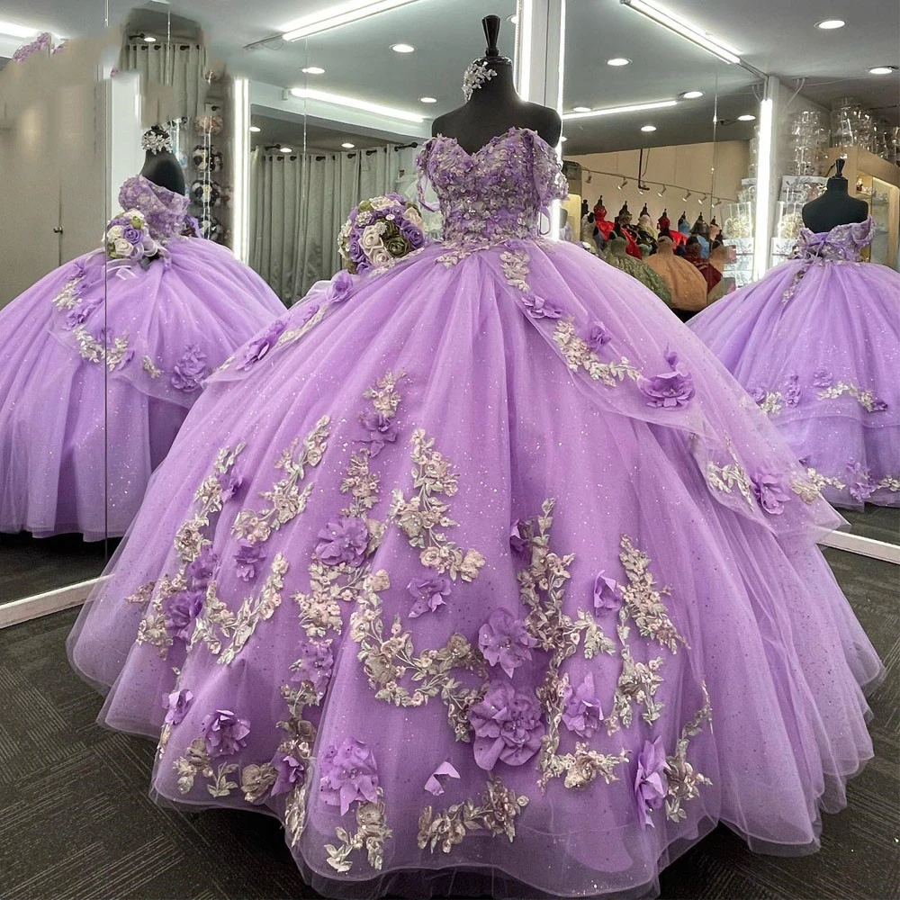 

ANGELSBRIDEP Luxury Lilac Quinceanera Dress 2023 3D Handmade Flowers Appliques Tulle Long Birthday Prom Gowns Sweet 16 Dress