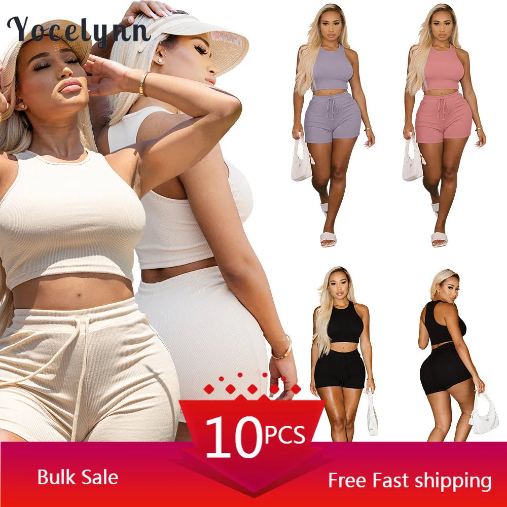 

Bulk Items Wholesale Lots Biker Shorts 2 Piece Set Women Sporty Crop Tank Tops and Shorts Gym Wear Ribbed Two Piece Set Outfits
