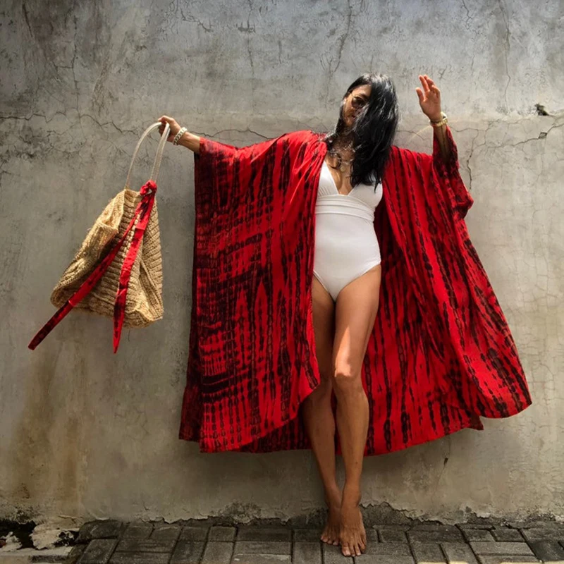 

2023 Red Striped Bikini Cover-ups Plus Size Long Kimono Sexy Belted Summer Wrap Dress Women Beach Wear Swim Suit Cover Up A859