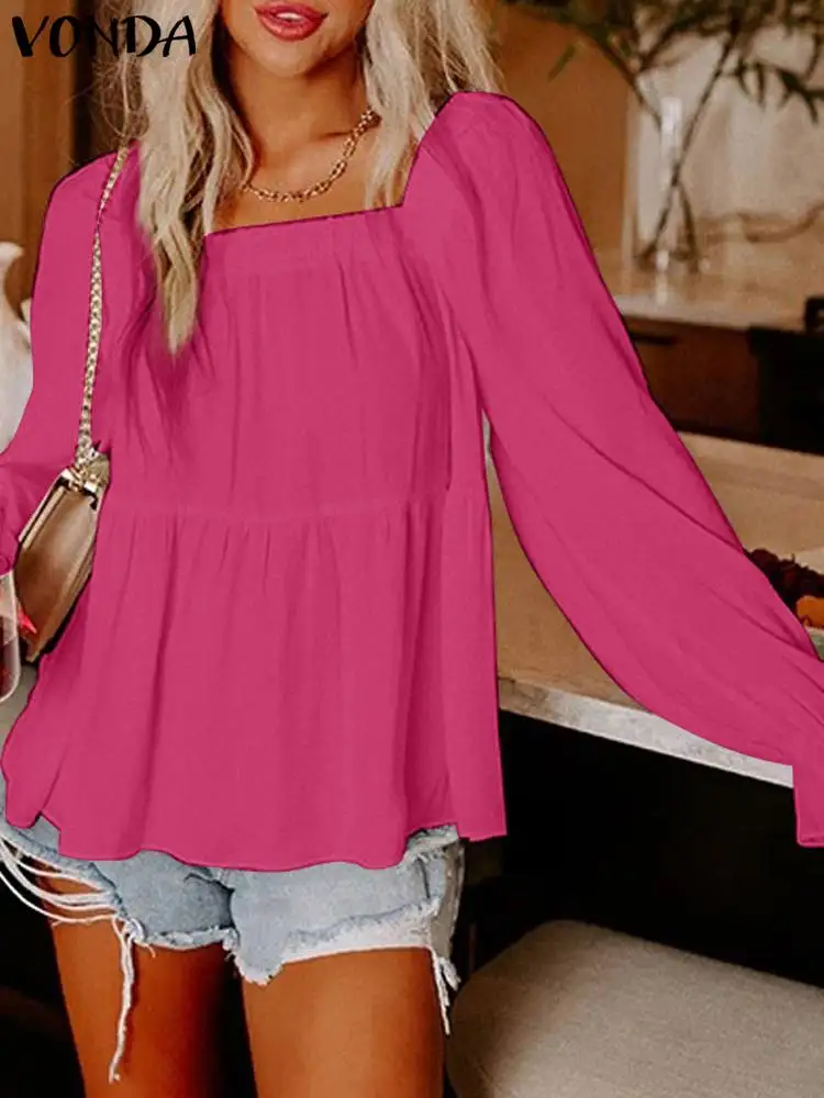 

Women Fashion Office Blouse Autumn Ruffled Tops 2023 VONDA Elegant Long Puff Sleeve Shirts Casual Square Collar Blusa