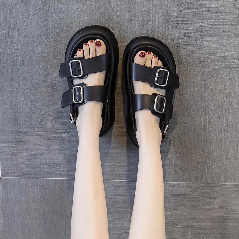 Genuine Leather Platform Roman Sandals for Women 2023 Summer New Casual Belt Buckle Beach Shoes Fashion