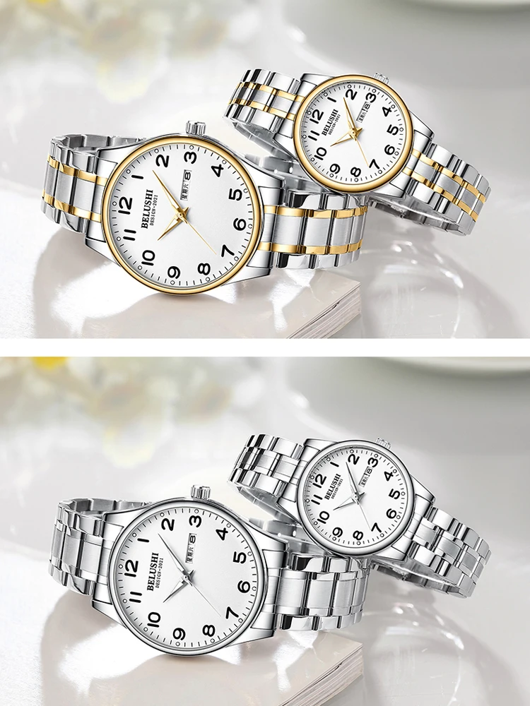 Quartz Watch For Men Women Large Digital Dial Silver Stainless Steel Fashion Elegant His Hers Watch Sets Gifts Items For Parents