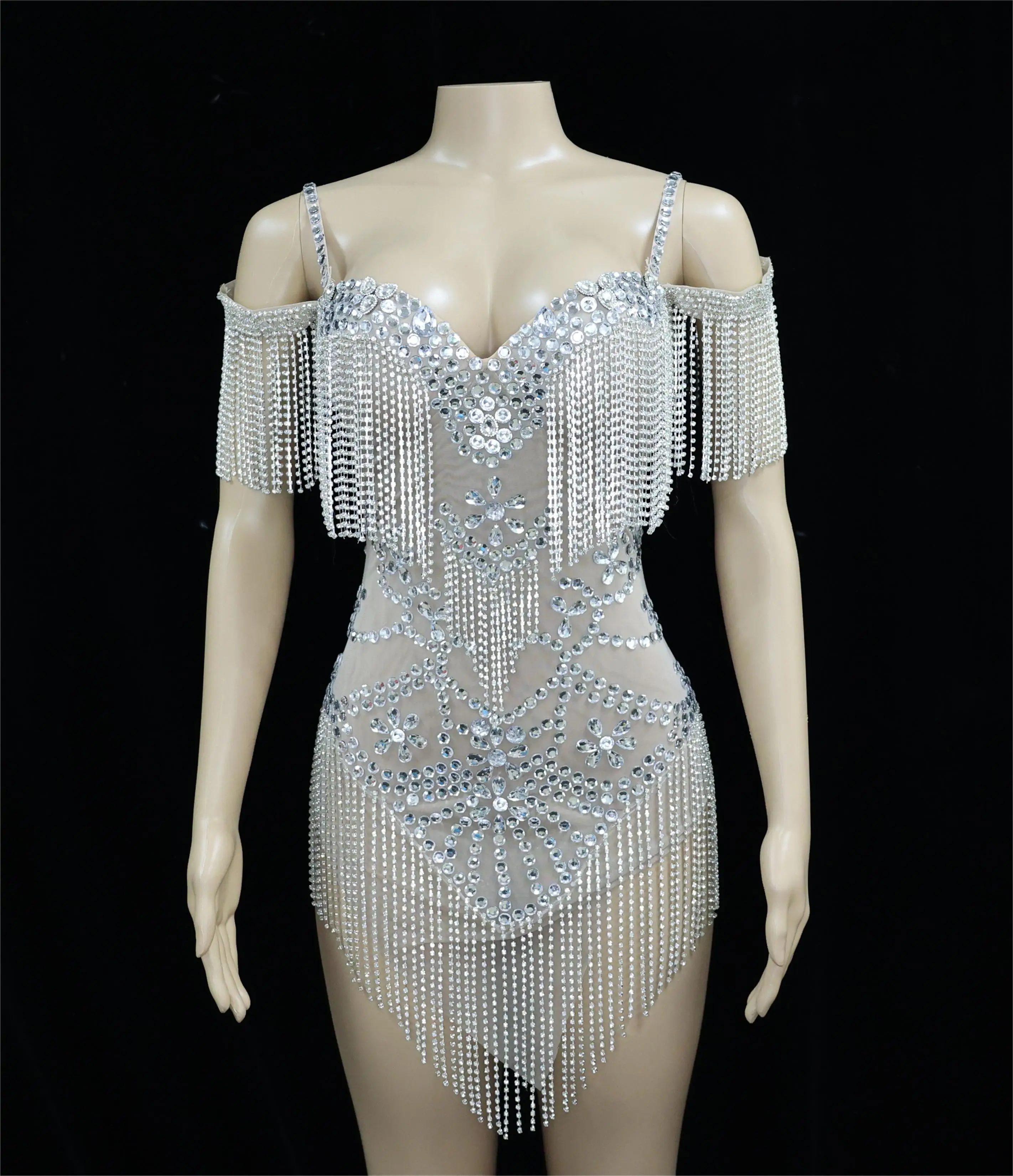 

Summer Mesh Sexy Pearls Crystals ChainsDress See Through Birthday Party CelebrateTassels Costume Nightclub Fringes Outfit
