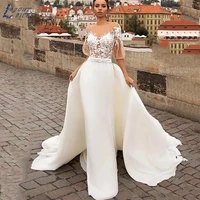 layout niceb mermaid wedding dresses women 2022 lace appliqued puff sleeves bridal bride gowns detachable train robe de mari%c3%a9e