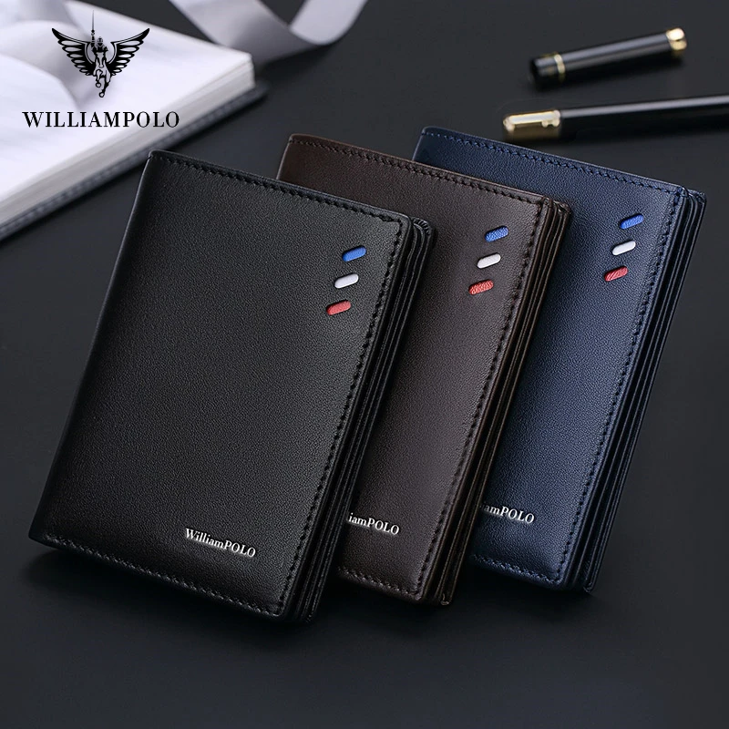 

WILLIAMPOLO, 100% натуральная кожа, мужские кошельки премиум-класса, Натуральная Воловья кожа, бумажники для мужчин, короткие, черные, Walet PL181368