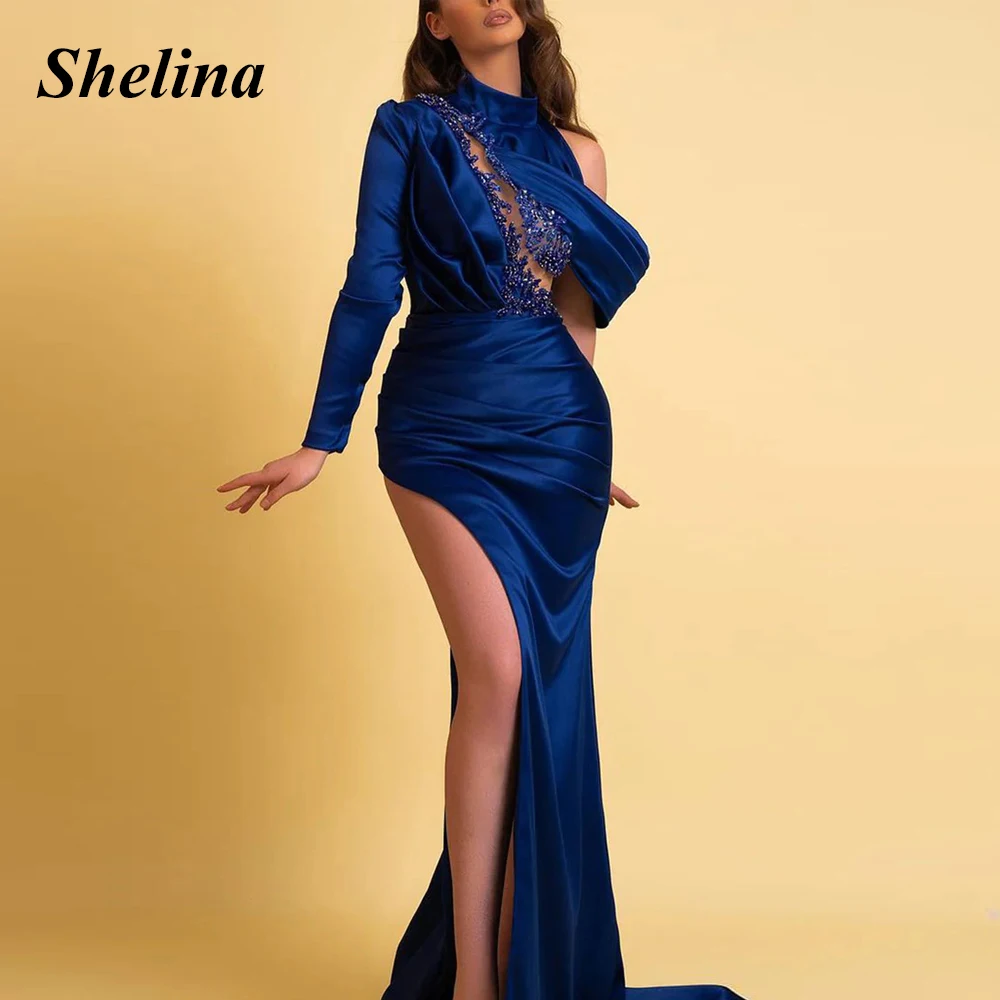 

Shelina Attractive Trumpet Homecoming Dresses Pleat Split High-Neck Lace Appliques Beads Crystal Vestido De Noite Custom Made
