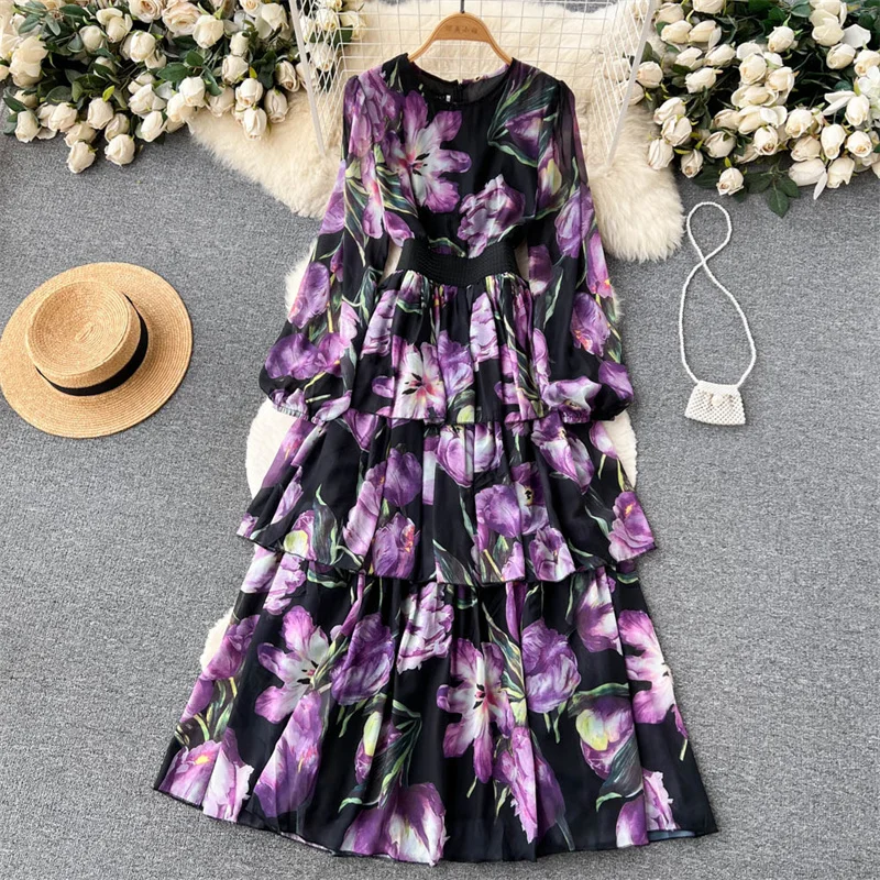 

2023 Spring Fashion Tulip Printed Dress Women Evening Party Dress Round Neck Lantern Sleeve Ruffles Elastic High Waist Vestidos