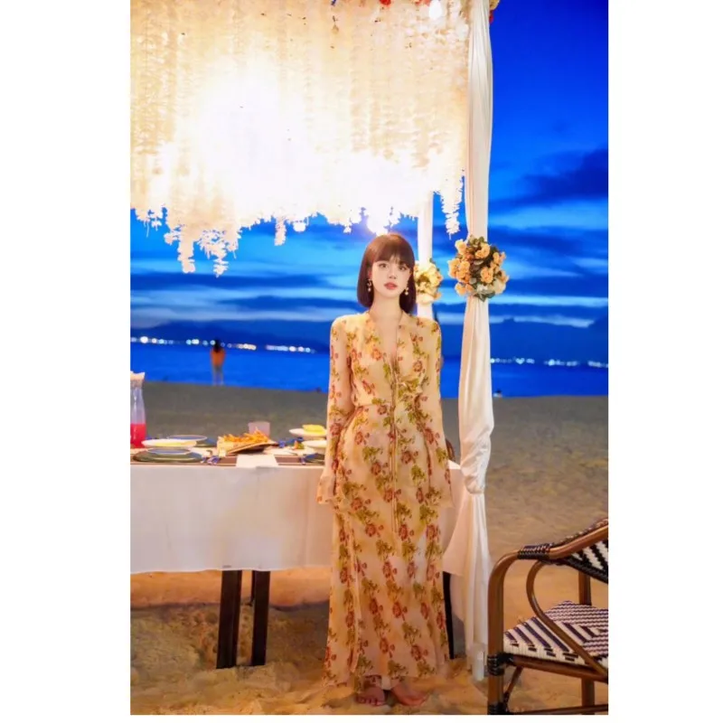 

Fall 23 Australian niche Ken Bean design BEC new color wrapped long sleeved printed tie up slim fitting high waisted slim dress