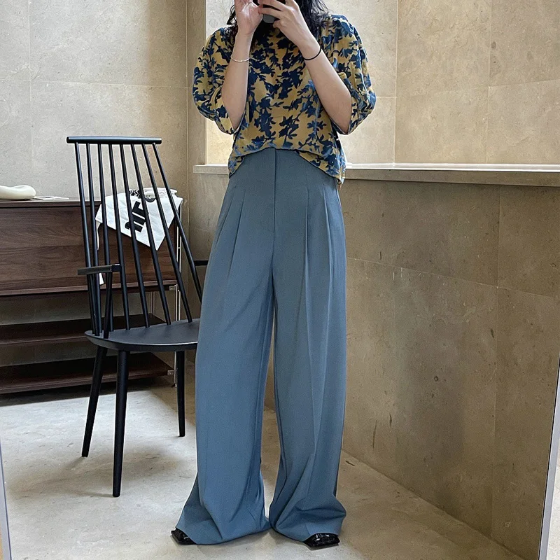 Summer women's casual solid color high waist loose wide leg pants